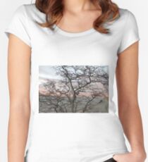 Sunset, pink clouds, exotic curved branches of a tree, beautiful view Women's Fitted Scoop T-Shirt