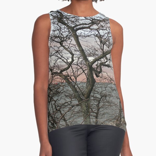 Sunset, pink clouds, exotic curved branches of a tree, beautiful view Sleeveless Top