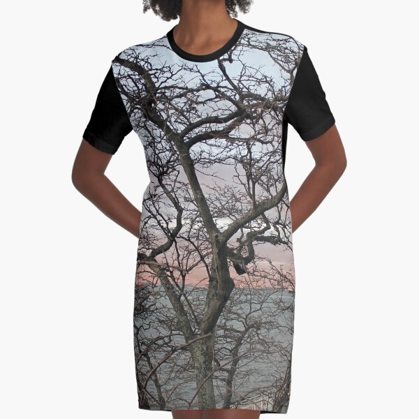 Sunset, pink clouds, exotic curved branches of a tree, beautiful view Graphic T-Shirt Dress