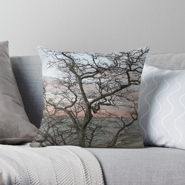 Sunset, pink clouds, exotic curved branches of a tree, beautiful view Throw Pillow