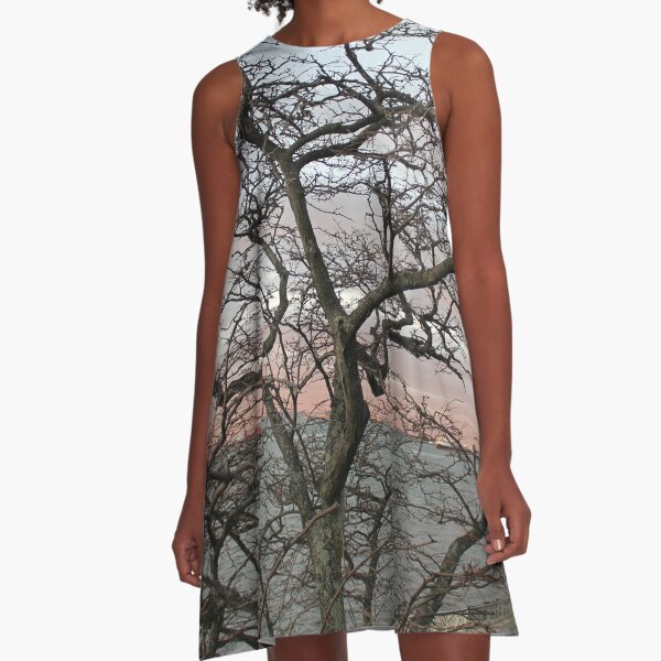 Sunset, pink clouds, exotic curved branches of a tree, beautiful view A-Line Dress