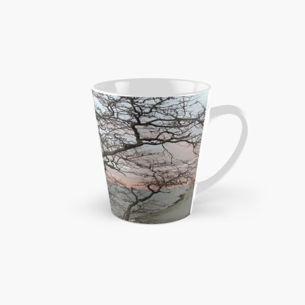 Sunset, pink clouds, exotic curved branches of a tree, beautiful view Tall Mug