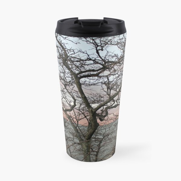 Sunset, pink clouds, exotic curved branches of a tree, beautiful view Travel Mug
