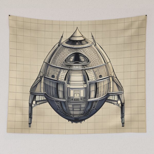 Item preview, Charming Retro Sci-Fi Spaceship Design plan drawing designed and sold by Glimmersmith.