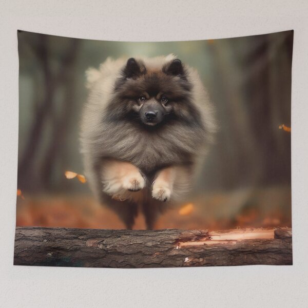 Item preview, Keeshond Leap over a trunk in Autumn Wood - Nature Dog Art designed and sold by Woof-n-Wear.
