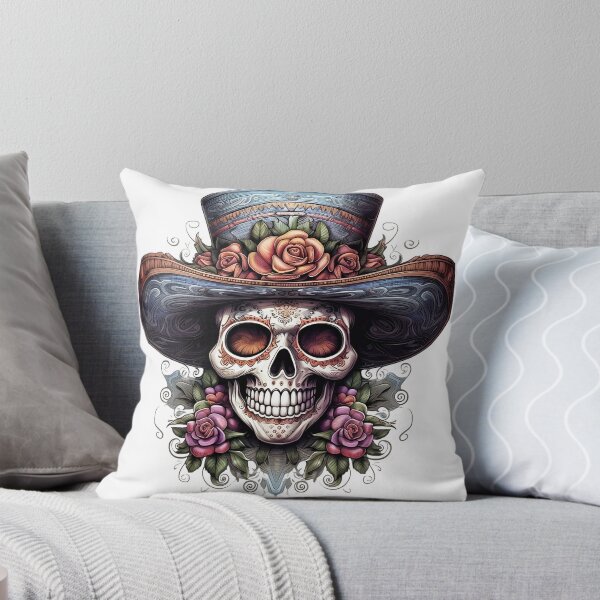 Aperçu de l'œuvre Crâne avec roses et chapeau de style mexicain créée et vendue par EBESIGN.