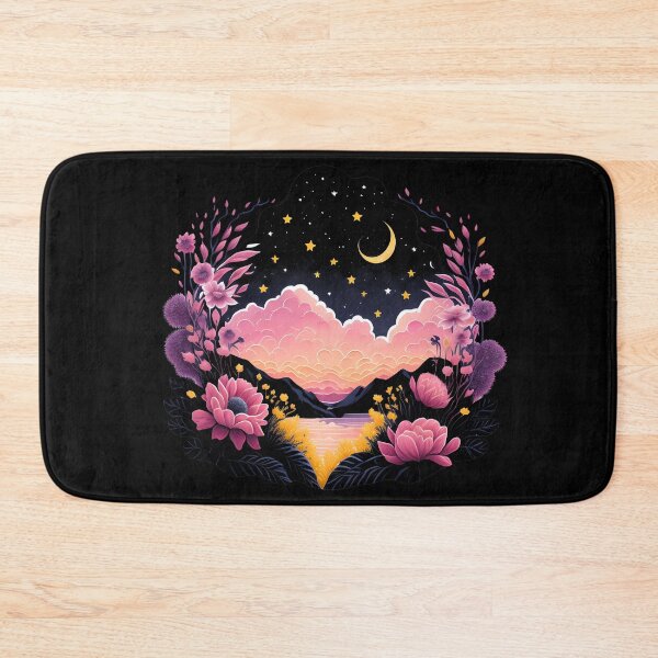 Item preview, Mountains Cloudy Starry Sky Moon and Stars Pink Flowers designed and sold by Shaymalily.