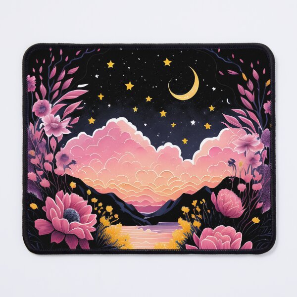 Item preview, Mountains Cloudy Starry Sky Moon and Stars Pink Flowers designed and sold by Shaymalily.