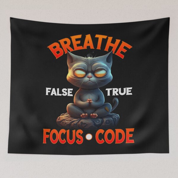 Aperçu de l'œuvre Breathe Focus Code Funny Coding Cat Meditation Coder créée et vendue par MetzKiara.