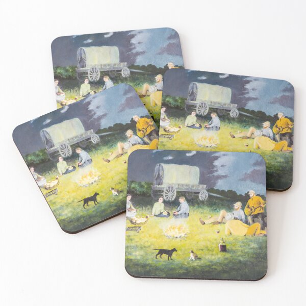 Item preview, Oil painting with pioneers sitting around a campfire enjoying drinks and songs in front of their wagon designed and sold by ArtyBuys.