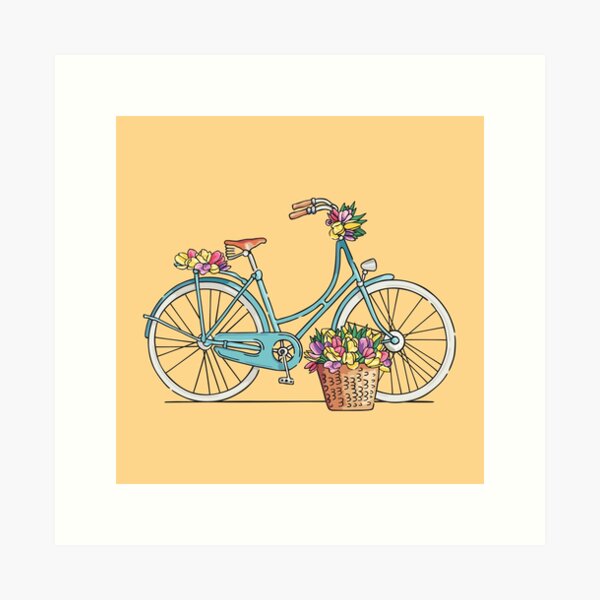 Blue Retro Bicycle With Tulips Art Print