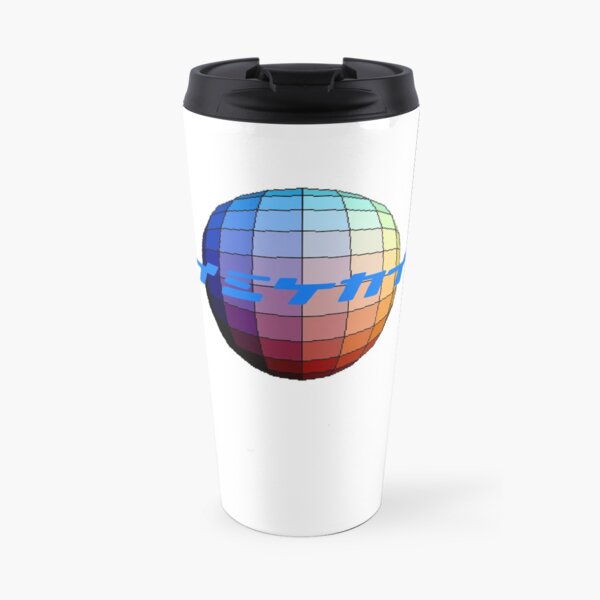 ten:ten logo, japanese text on colour sphere Travel Mug