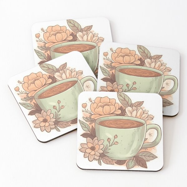 Item preview, green cup of coffee, leaves and flowers designed and sold by AstraNovaStudio.