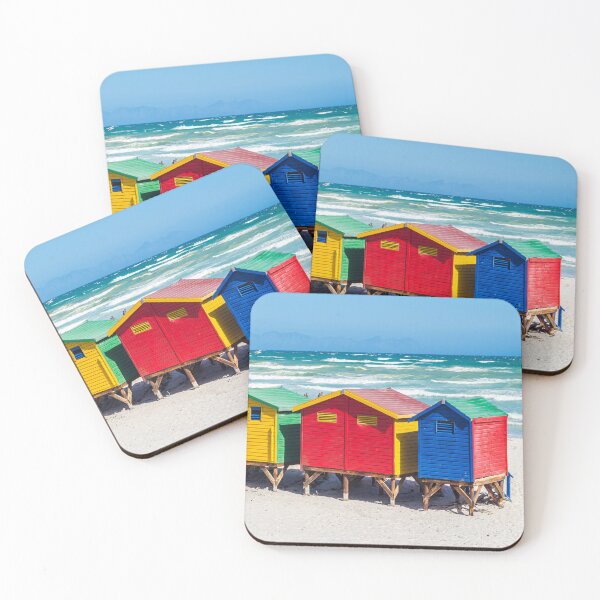 Item preview, Brightly colored beach huts on sandy beach designed and sold by ArtyBuys.