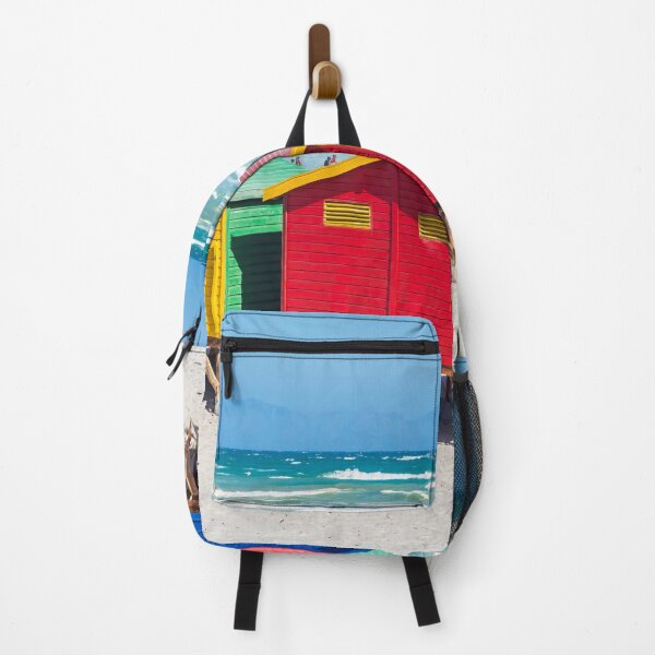 Item preview, Brightly colored beach huts on sandy beach designed and sold by ArtyBuys.