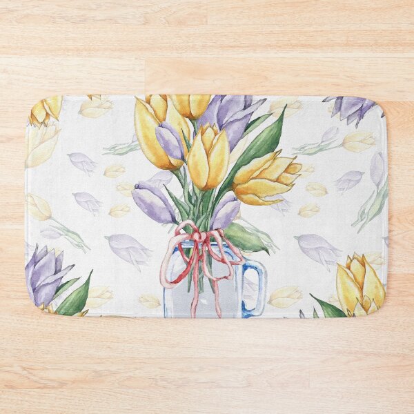 Item preview, Spring flowers watercolor floral background, Hand painted pattern watercolor illustrated Yellow tulips, Purple tulips in a Jar designed and sold by InaDim.