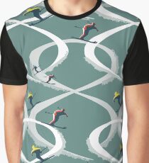 Mid Century Figure 8 Skiers in Retro Style on Teal Graphic T-Shirt