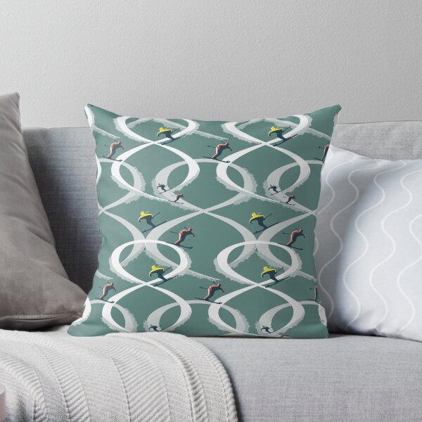 Mid Century Figure 8 Skiers in Retro Style on Teal Throw Pillow