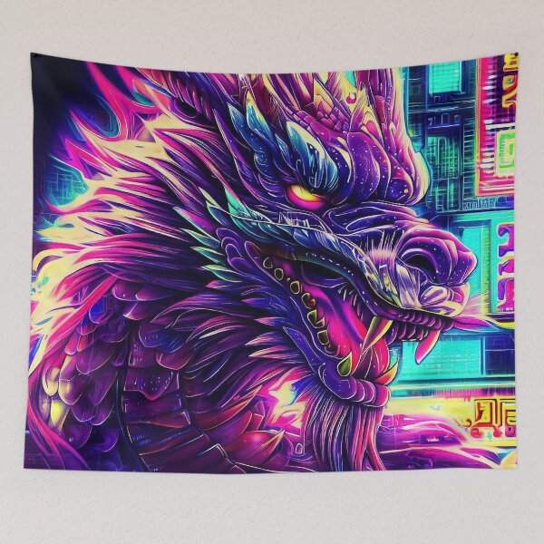 Item preview, Colorful neon dragon in cyber futuristic city designed and sold by TomFrontierArt.