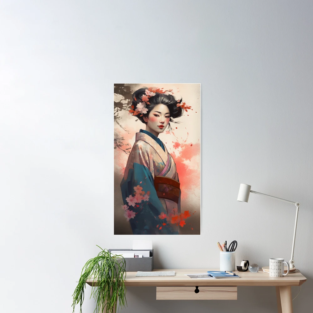 Poster for Sale mit japanische Vintage-Bilder - Kimono-Mädchen - Geisha -  Sakura-Blüte - Kyoto von Hola Mocha