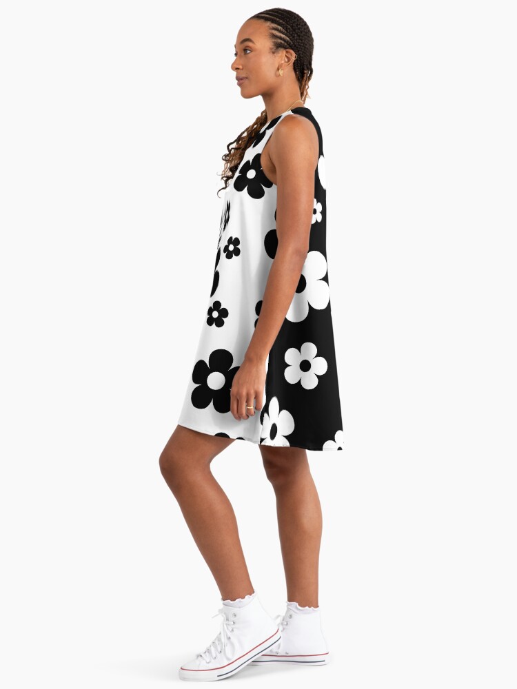 60's Retro Pop Small Flowers In Black And White 1960s A-Line Dress 60's Retro Pop Small Flowers In Black And White 1960s A-Line Dress