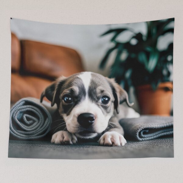 Item preview, Little dog on gray carpet. designed and sold by Reunimage.