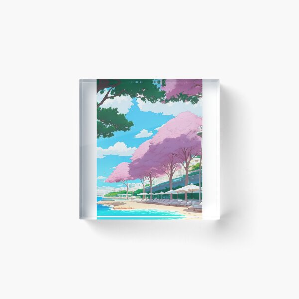 Beach Vacation Resort Umbrella Lounge Chairs Pink Trees Teal Ocean Acrylic Block