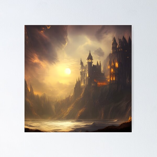 Item preview, Castle with dramatic lighting and fiery moon - Landscape Art  designed and sold by dosedai.