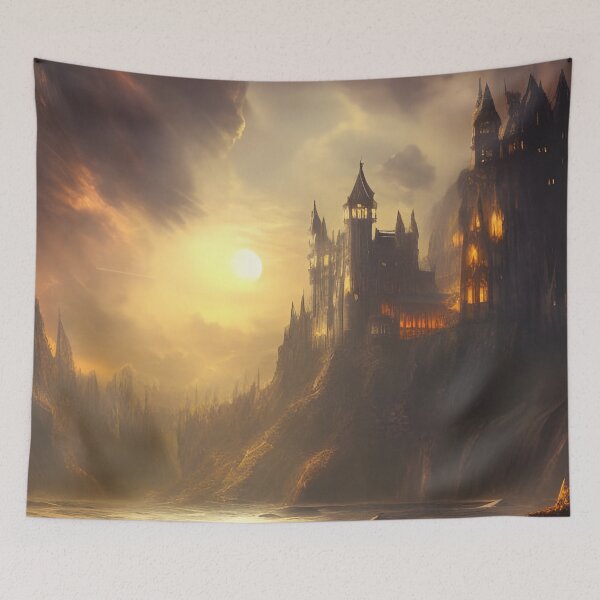 Item preview, Castle with dramatic lighting and fiery moon - Landscape Art  designed and sold by dosedai.