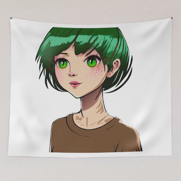 Item preview, A very cute short green haired and green eyed female cartoon character wearing a brown T-shirt designed and sold by FCEalin.