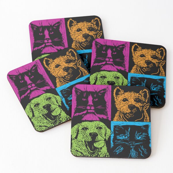 Item preview, The gangs all here, color block of dogs and cats, block print with added color designed and sold by HelenDBVickers.