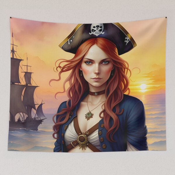 Item preview, Red Haired Pirate Wench with Ocean Sunrise Background designed and sold by Erika V..