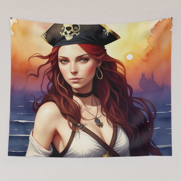 Item preview, Red Haired Pirate Wench with Ocean Sunrise Background designed and sold by Erika V..