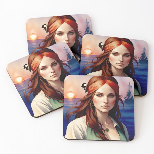 Item preview, Red Haired Pirate Wench with Ocean Sunrise Background designed and sold by Erika V..