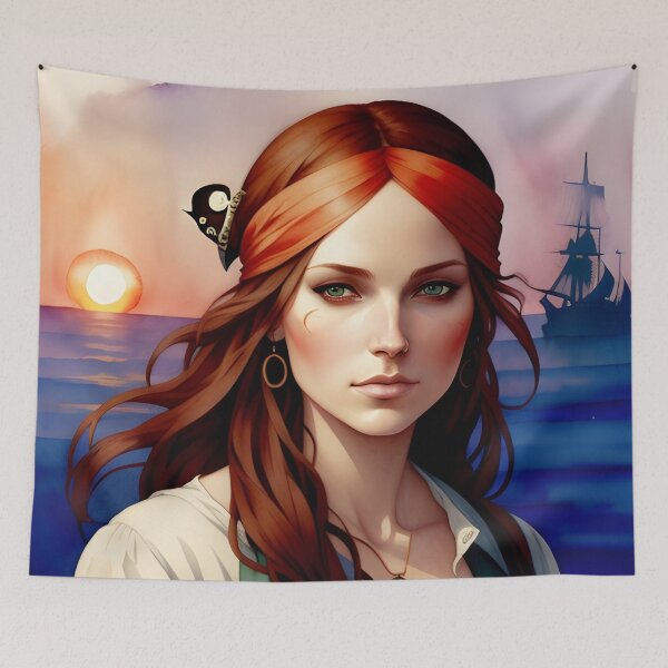 Item preview, Red Haired Pirate Wench with Ocean Sunrise Background designed and sold by Erika V..
