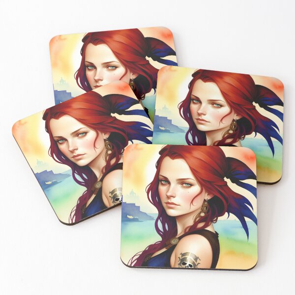 Item preview, Red Haired Pirate Wench with Ocean Sunrise Background designed and sold by Erika V..