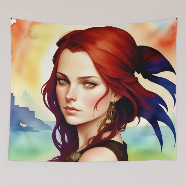 Item preview, Red Haired Pirate Wench with Ocean Sunrise Background designed and sold by Erika V..