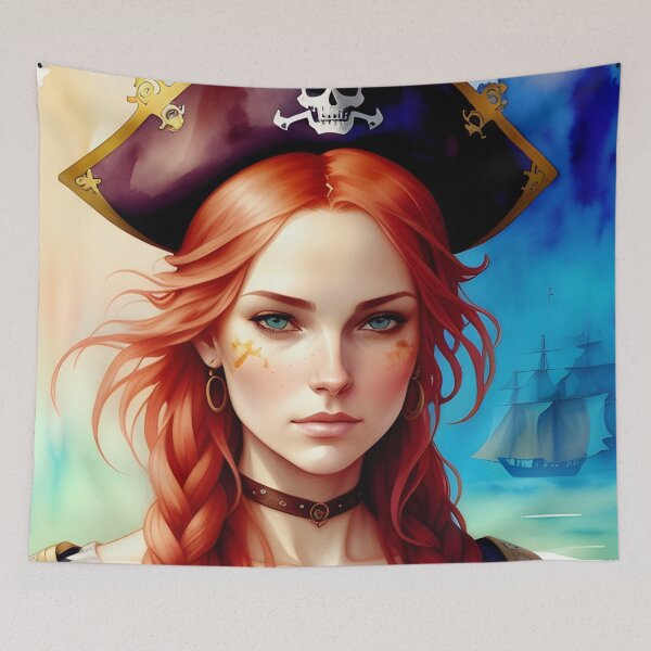 Item preview, Red Haired Pirate Wench with Ocean Sunrise Background designed and sold by Erika V..