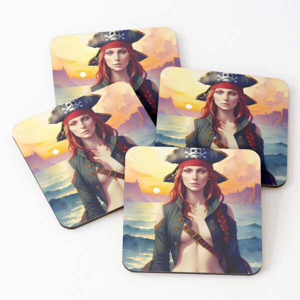 Item preview, Red Haired Pirate Wench with Ocean Sunrise Background designed and sold by Erika V..