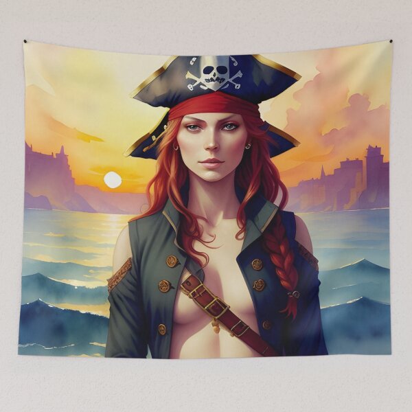 Item preview, Red Haired Pirate Wench with Ocean Sunrise Background designed and sold by Erika V..