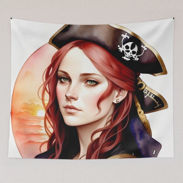 Item preview, Red Haired Pirate Wench with Ocean Sunrise Background designed and sold by Erika V..