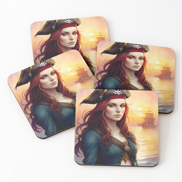 Item preview, Red Haired Pirate Wench with Ocean Sunrise Background designed and sold by Erika V..
