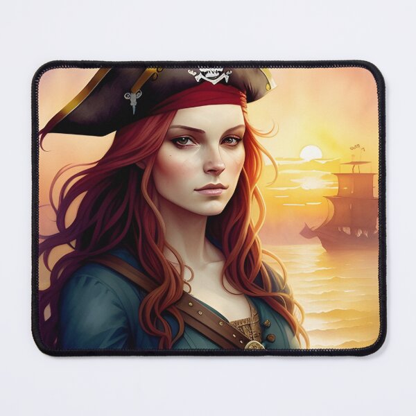 Item preview, Red Haired Pirate Wench with Ocean Sunrise Background designed and sold by Erika V..