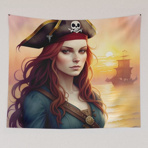 Item preview, Red Haired Pirate Wench with Ocean Sunrise Background designed and sold by Erika V..