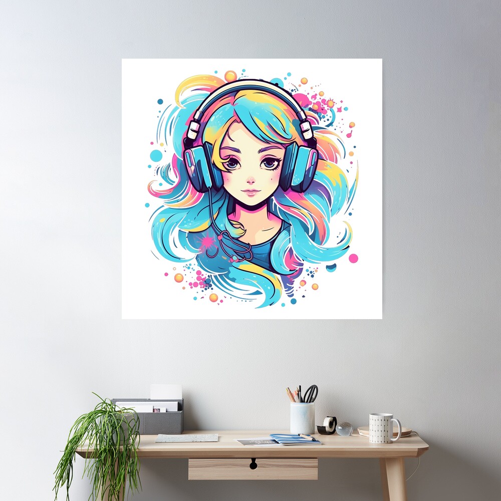 【驚きの値段】 headphones with girl Anime - Splatter - Music - Colorful アート・デザイン・音楽