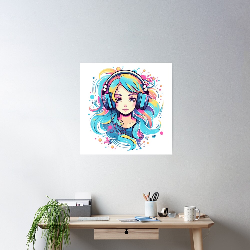Anime girl with headphones - Colorful - Music - Splatter