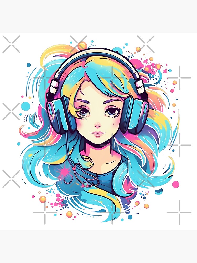 Anime girl with headphones - Colorful - Music - Splatter