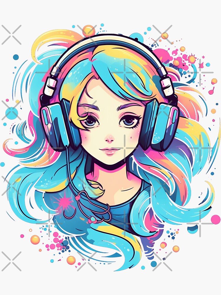 futuristic anime style girl listening to music with headphones