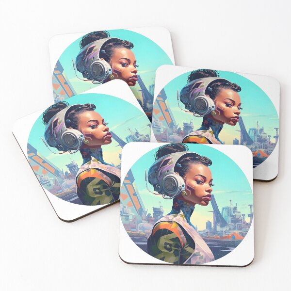 Item preview, Take Me To Tomorrow 3, futuristic female architect, reshaping the world wearing headphones, don’t drown me out, blue, orange, green. designed and sold by FoxRobinRabbit.