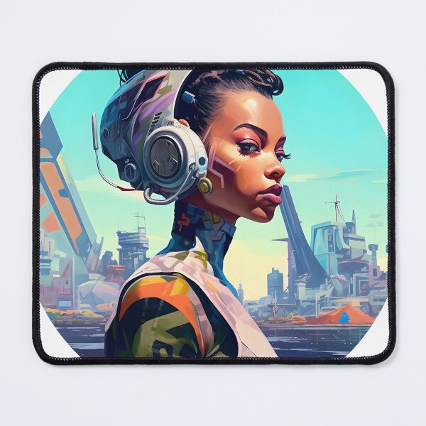 Item preview, Take Me To Tomorrow 3, futuristic female architect, reshaping the world wearing headphones, don’t drown me out, blue, orange, green. designed and sold by FoxRobinRabbit.